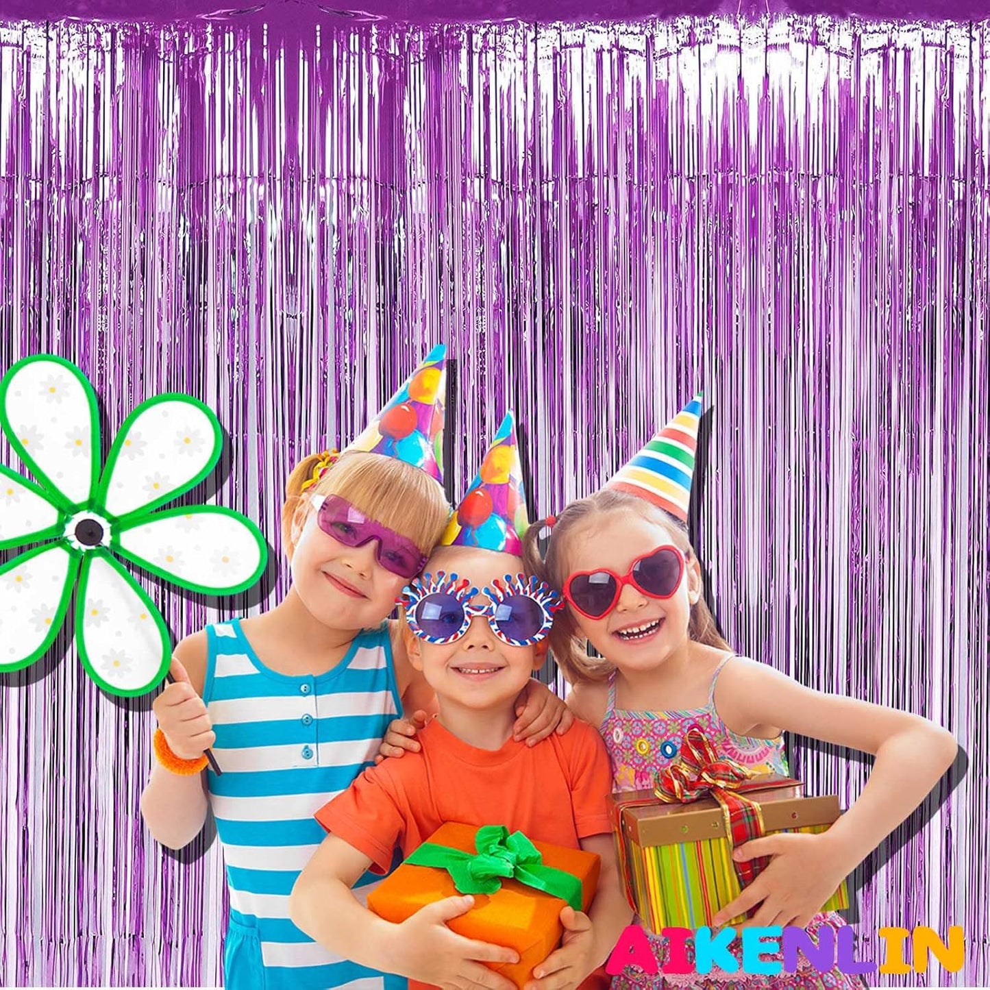 4 Pack 3.3Ft x 6.6Ft Light Purple Foil Fringe Curtain Backdrop, Metallic Tinsel Foil Fringe Streamers Curtains Background for Photo Booth, Birthday, Wedding, Halloween, Christmas Party Decoration