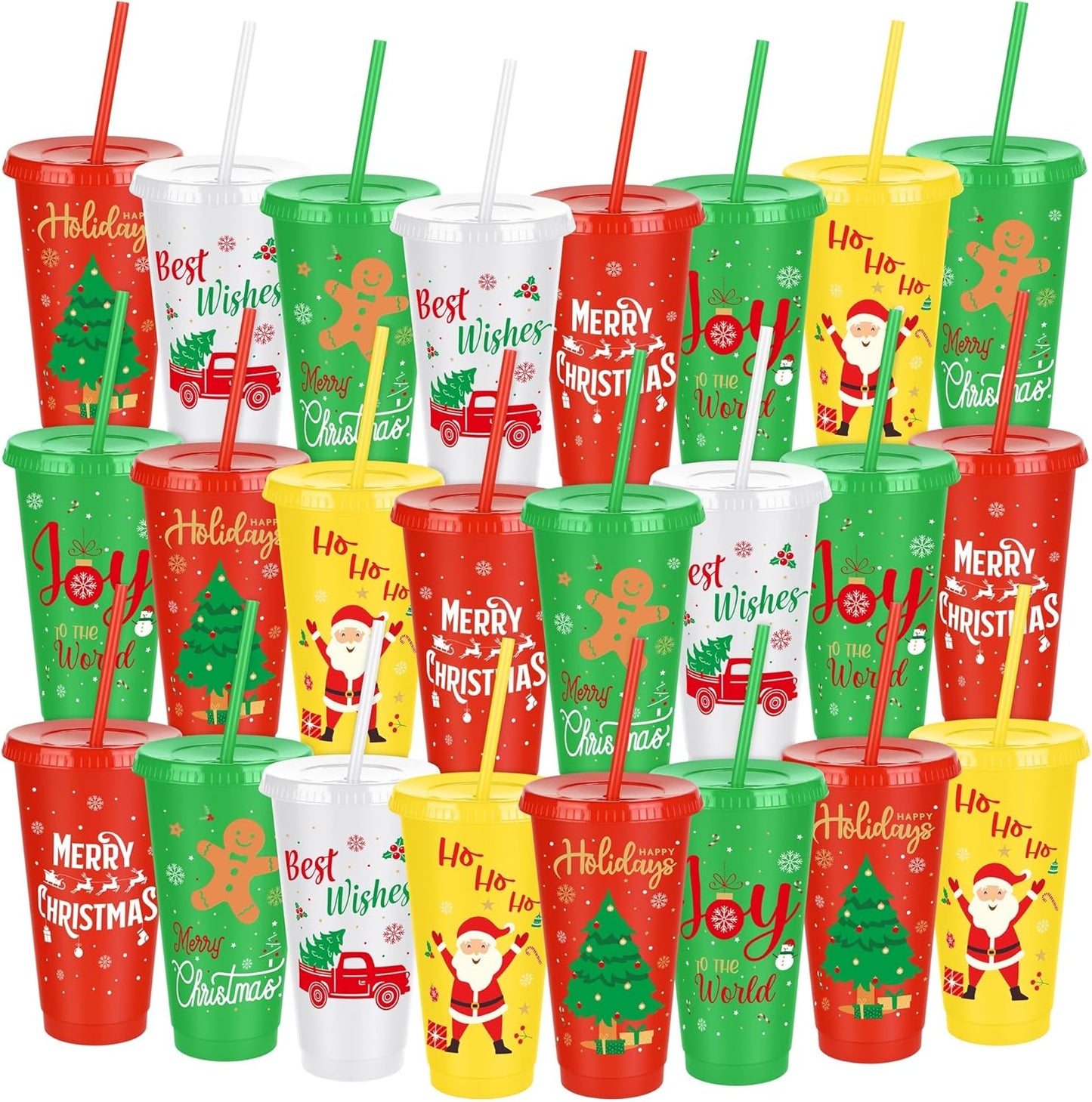 24 Pieces Christmas Plastic Cups 24oz Reusable Plastic Tumbler with Lids and Straws Bulk Christmas Holiday Drinking Cups for Xmas Party Supplies, 6 Designs