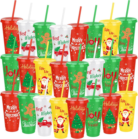 24 Pieces Christmas Plastic Cups 24oz Reusable Plastic Tumbler with Lids and Straws Bulk Christmas Holiday Drinking Cups for Xmas Party Supplies, 6 Designs