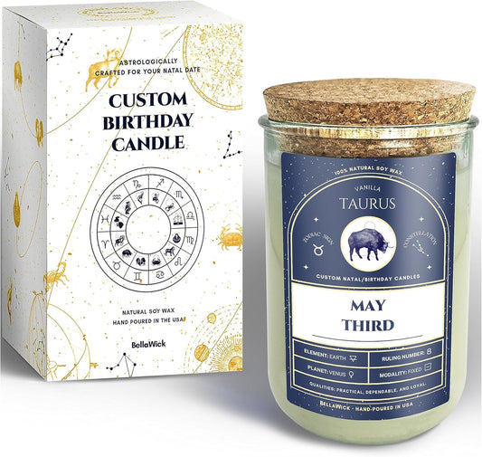 Birthday Candles - Custom Birthdate Astrological Zodiac Scented Candles. Astrology Gifts. All Natural Soy Wax. 75+ Hour Burn Time. Made in USA - May 3