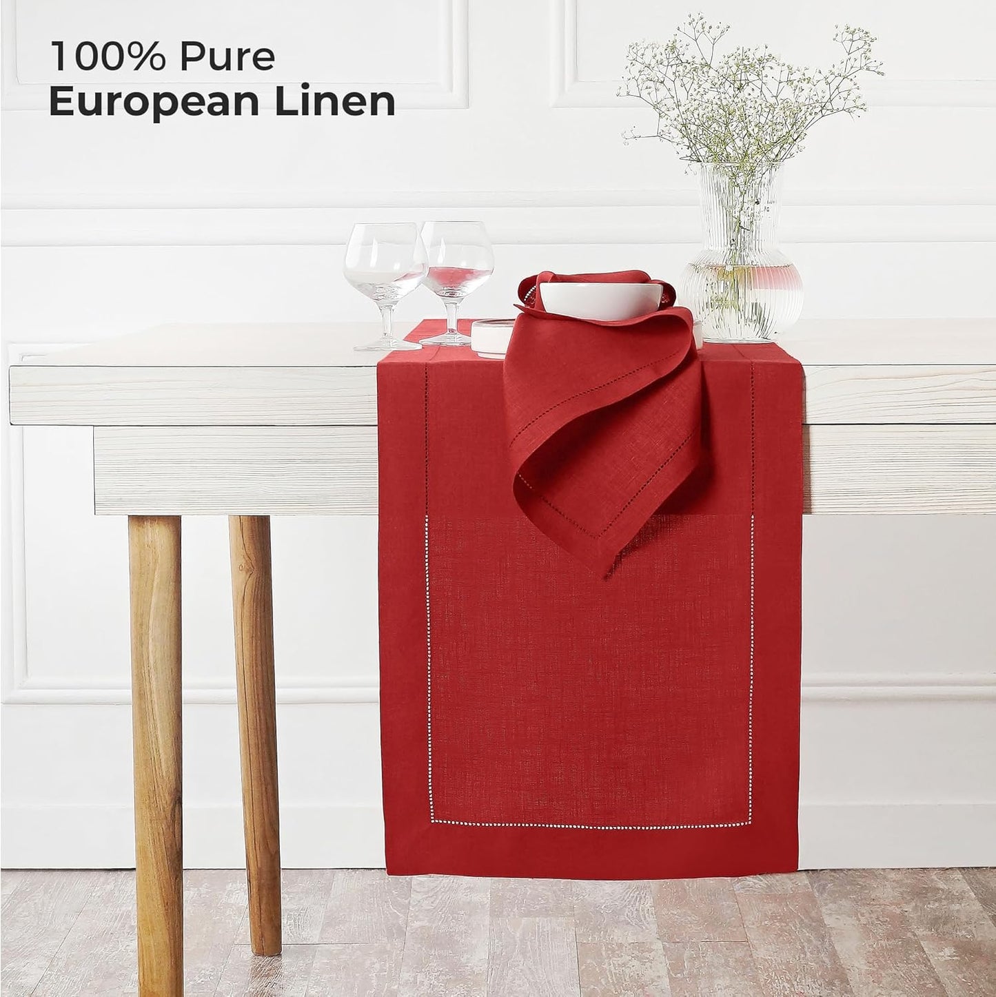 D'Moksha Homes Linen Bright Red Table Runner 90 Inches Long - Classic Hemstitch 100% Pure Linen Dining Table Runner 14 x 90 Inch for Fall, Autumn and Halloween