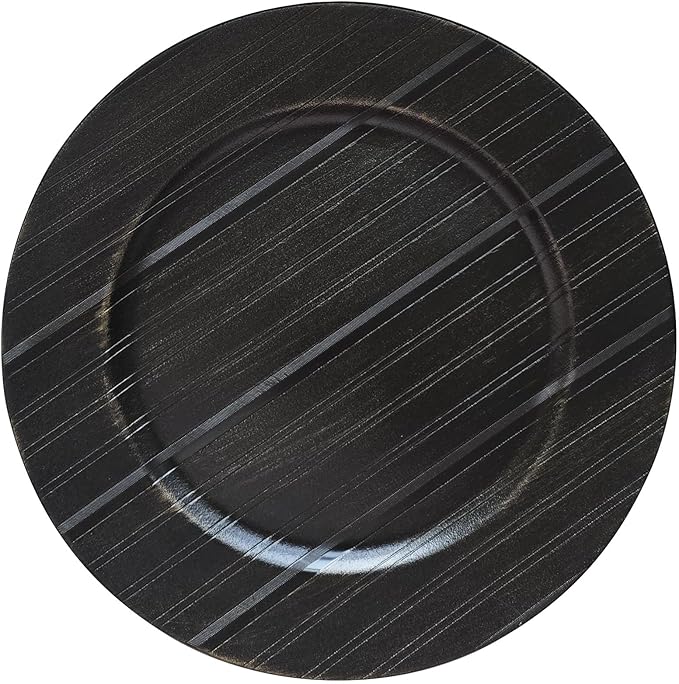 13" Antique Charger Plates, Stripe Pattern Black Charger Plate Set of 6, Round Server Ware Chargers for Dinner Plate, Reusable Bulk Table Setting for Party or Event