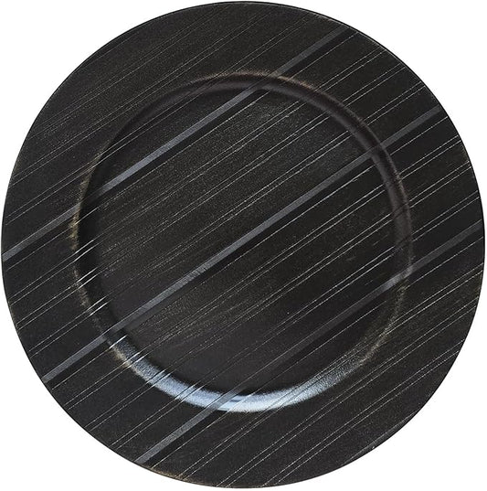 13" Antique Charger Plates, Stripe Pattern Black Charger Plate Set of 6, Round Server Ware Chargers for Dinner Plate, Reusable Bulk Table Setting for Party or Event