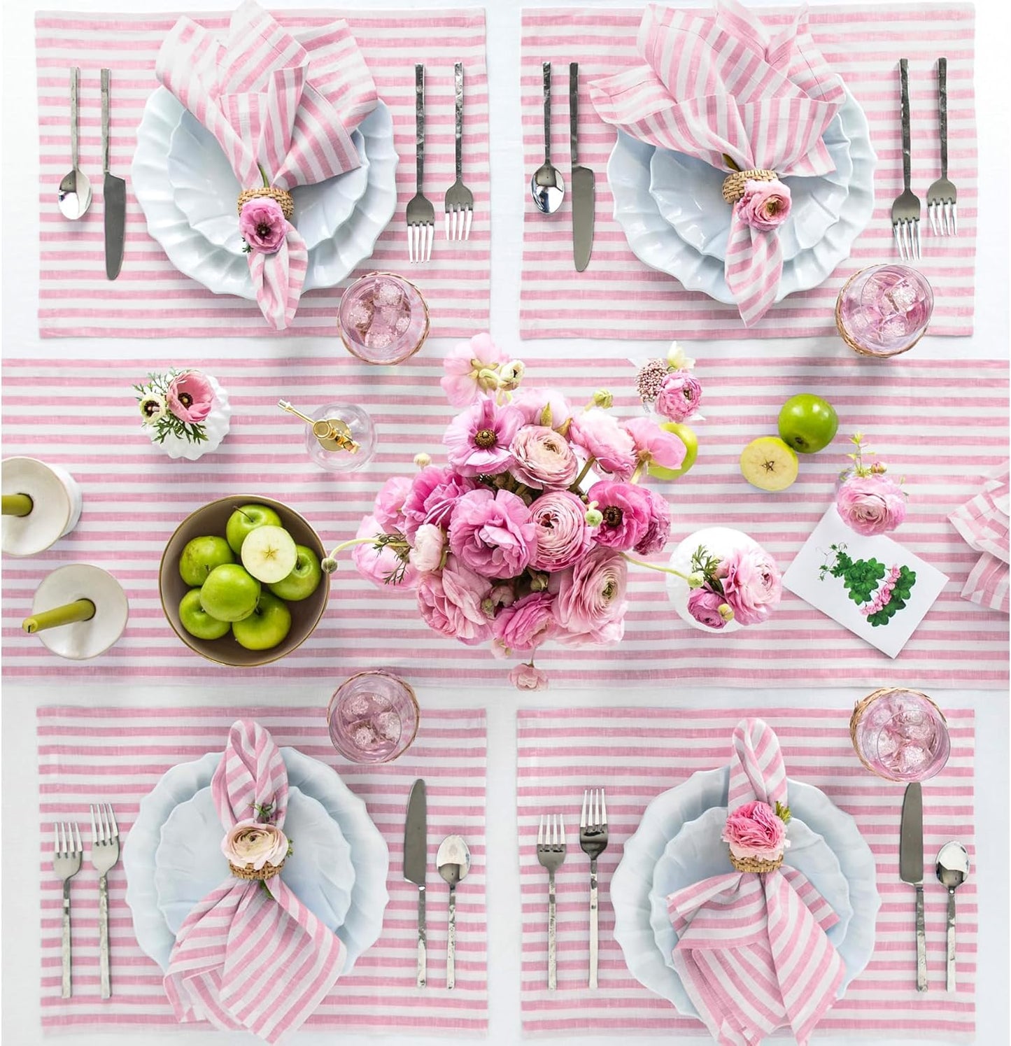 Solino Home Linen Table Runner 144 Inches Long - Amalfi Stripe, 100% Pure Linen Cherry Blossom and White Table Runner 14 x 144 Inch for Dining