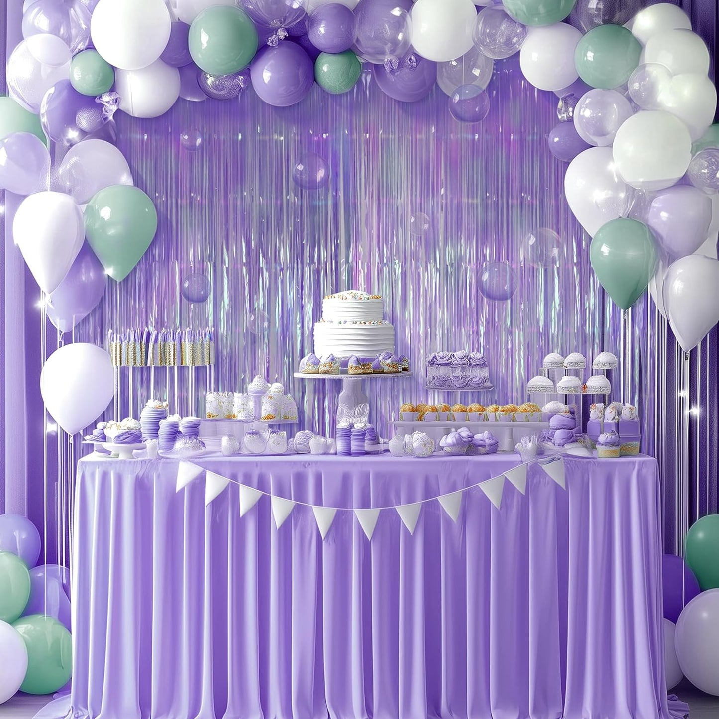 2 Pack Purple Iridescent Streamers Backdrop, 3.3x6.6ft Foil Fringe Curtains Lavender Holographic Door Tinsel Streamers for Birthday, Wedding, Holiday, Bachelorette, Theme Party Decorations