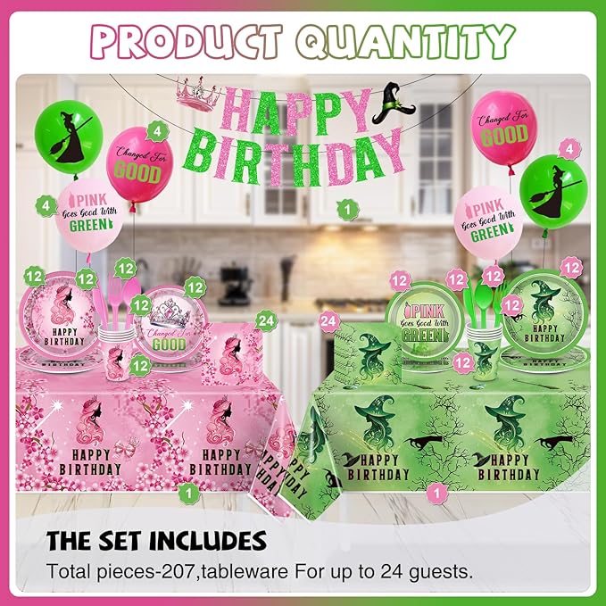 Pink and Green Birthday Party Decorations 207pcs Disposable Paper Plates & Napkins Set for 24 Guests - Includes Happy Birthday Banner & Cartoon Tablecloth