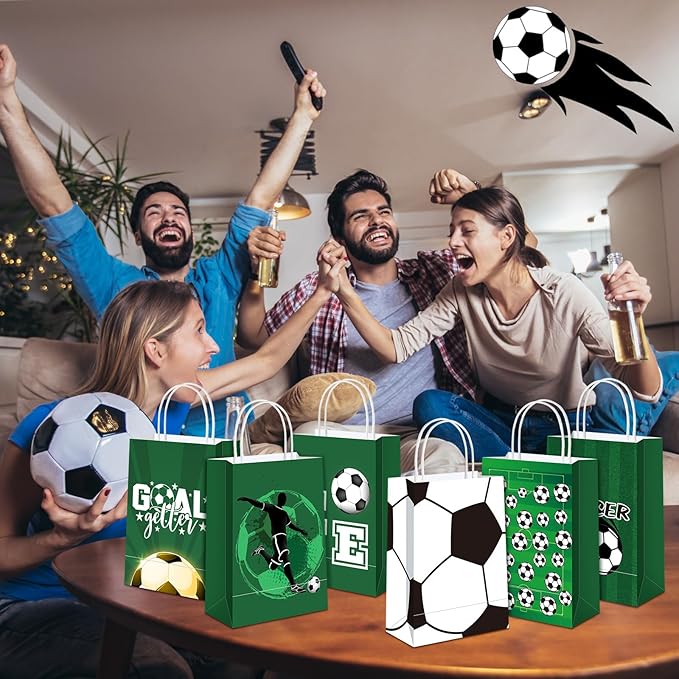 Outus 24 Pcs Soccer Party Favor Bags Soccer Goodie Gift Paper Bags with Handles Sports Ball Candy Treat Pouch for Sports Football Party Birthday Baby Shower Decorations Supplies
