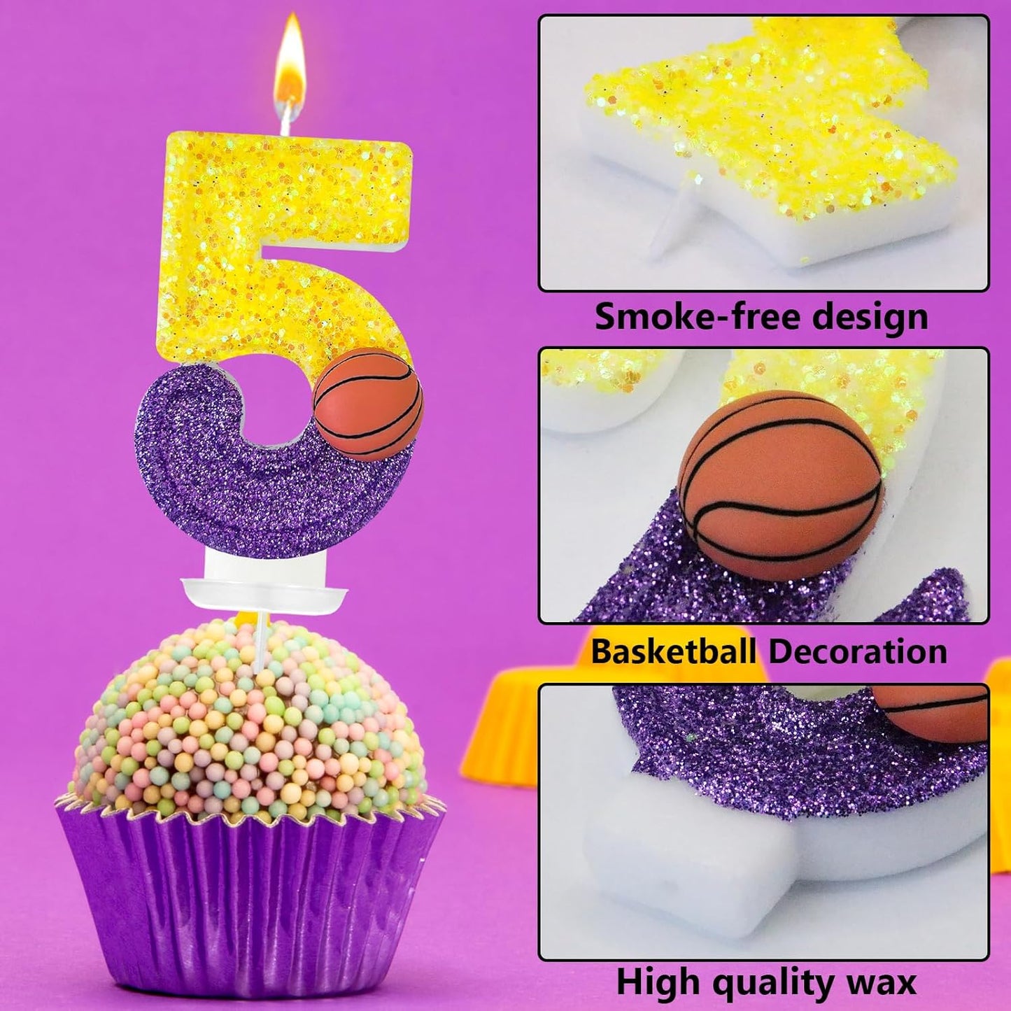 HXOUSE Basketball Number 5 Birthday Candles - Purple Gold Birthday Candles for Cake, 5 Candle for Basketball Theme Cake Topper, Boys Sport Party Decorations Gifts (No.5)