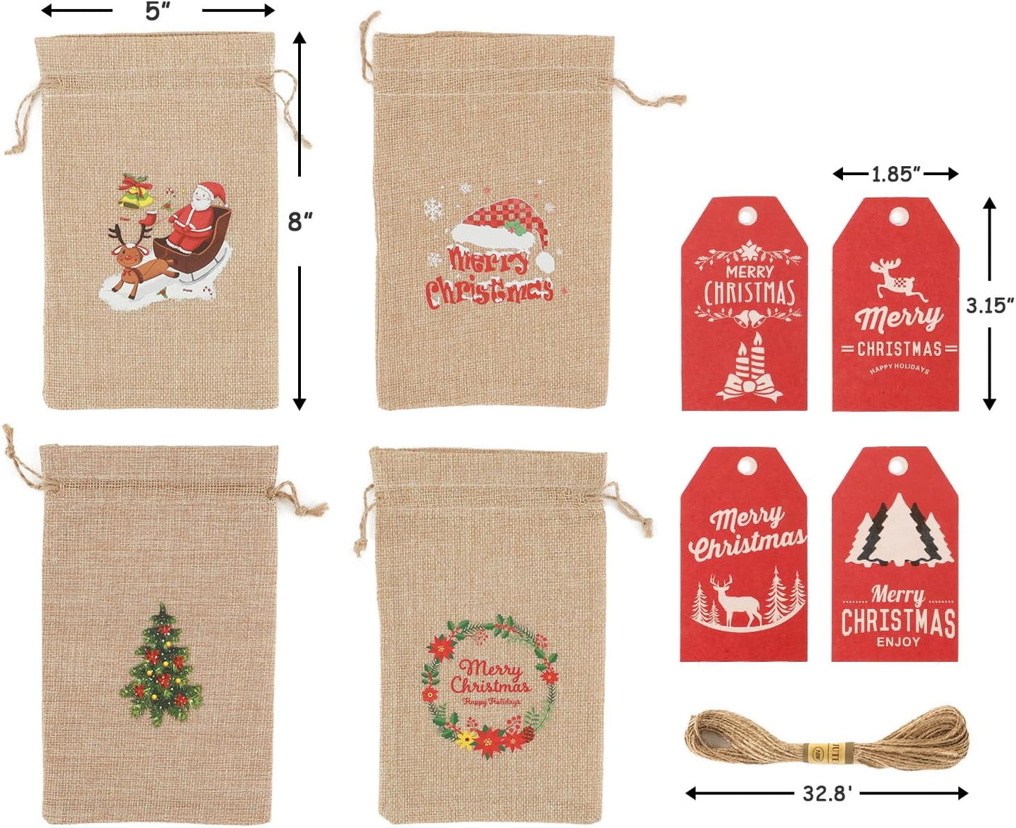 Tapleap Small Christmas Gift Bags, Burlap Coth with Drawstring, 5x8 Inches (Lot of 40) with Tags, String, for Wrapping Holiday Party Favors or Gifts for Coworkers, Kids Class, and Community Members
