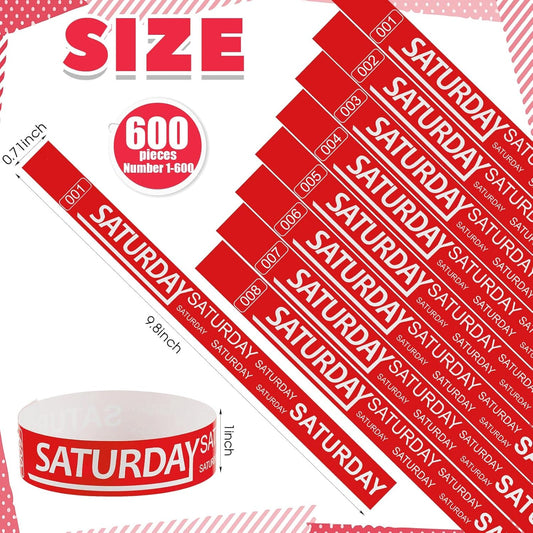 Henoyso 600 Pcs Saturday Paper Wristbands Event Admission Paper Bracelets Numbered Waterproof Party Armbands for Events Day of The Week(Red)