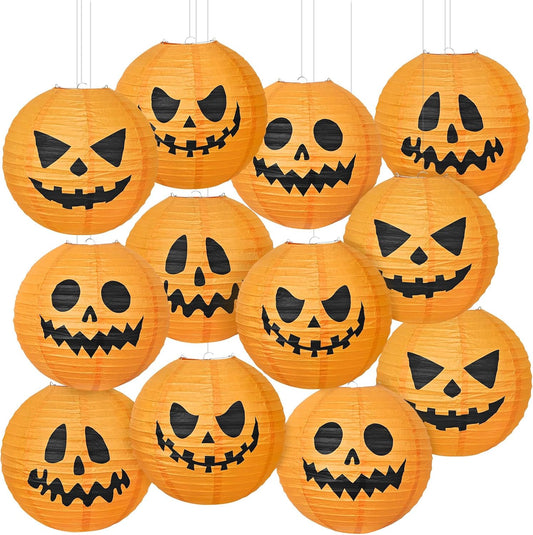 12 Inches 12 Pack Halloween Jack-O-Lantern Paper Lanterns , Halloween Pumpkin Hanging Paper Lantern for Home Outdoor Decoration Party , Multi-Style