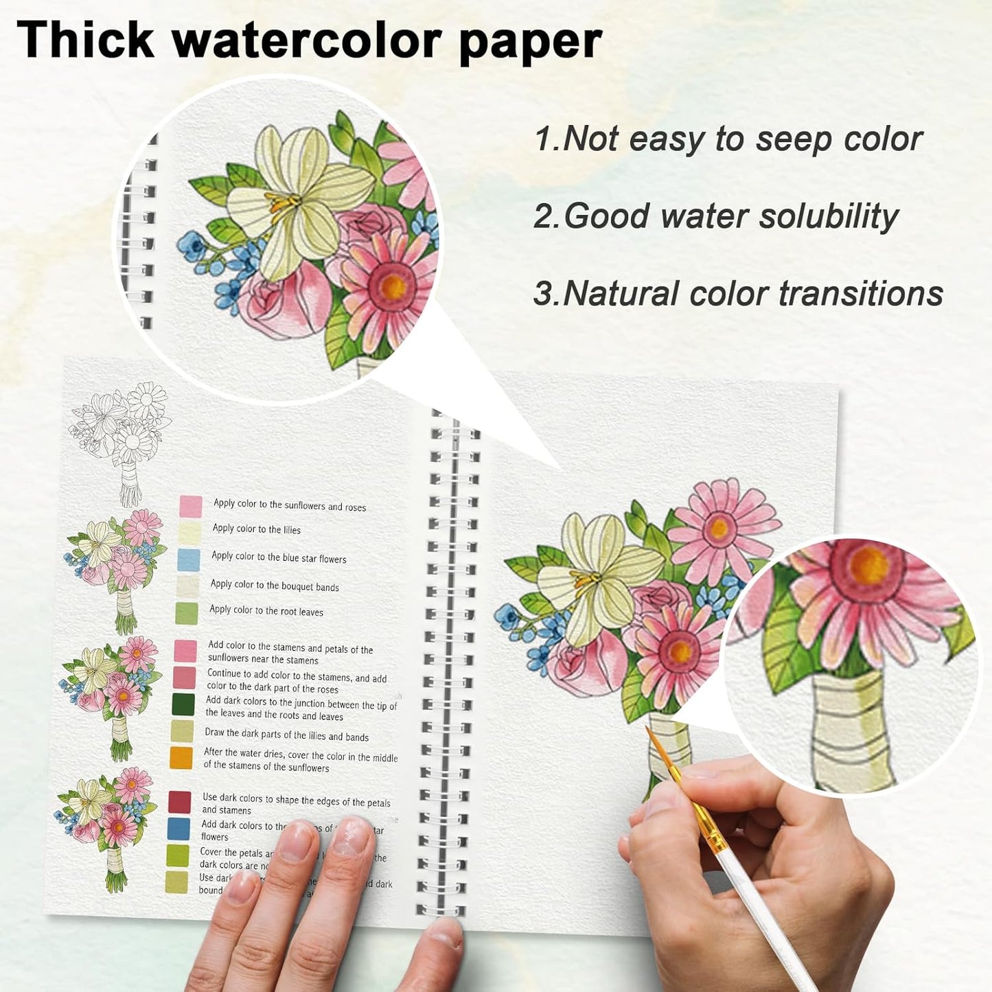 Watercolor Workbooks with Step by Step for Adults Teens - Beginner Watercolor Workbook with 12 Coloring Book Pages -100% Cotton 300gsm/140lb Watercolor Paper(Flower)