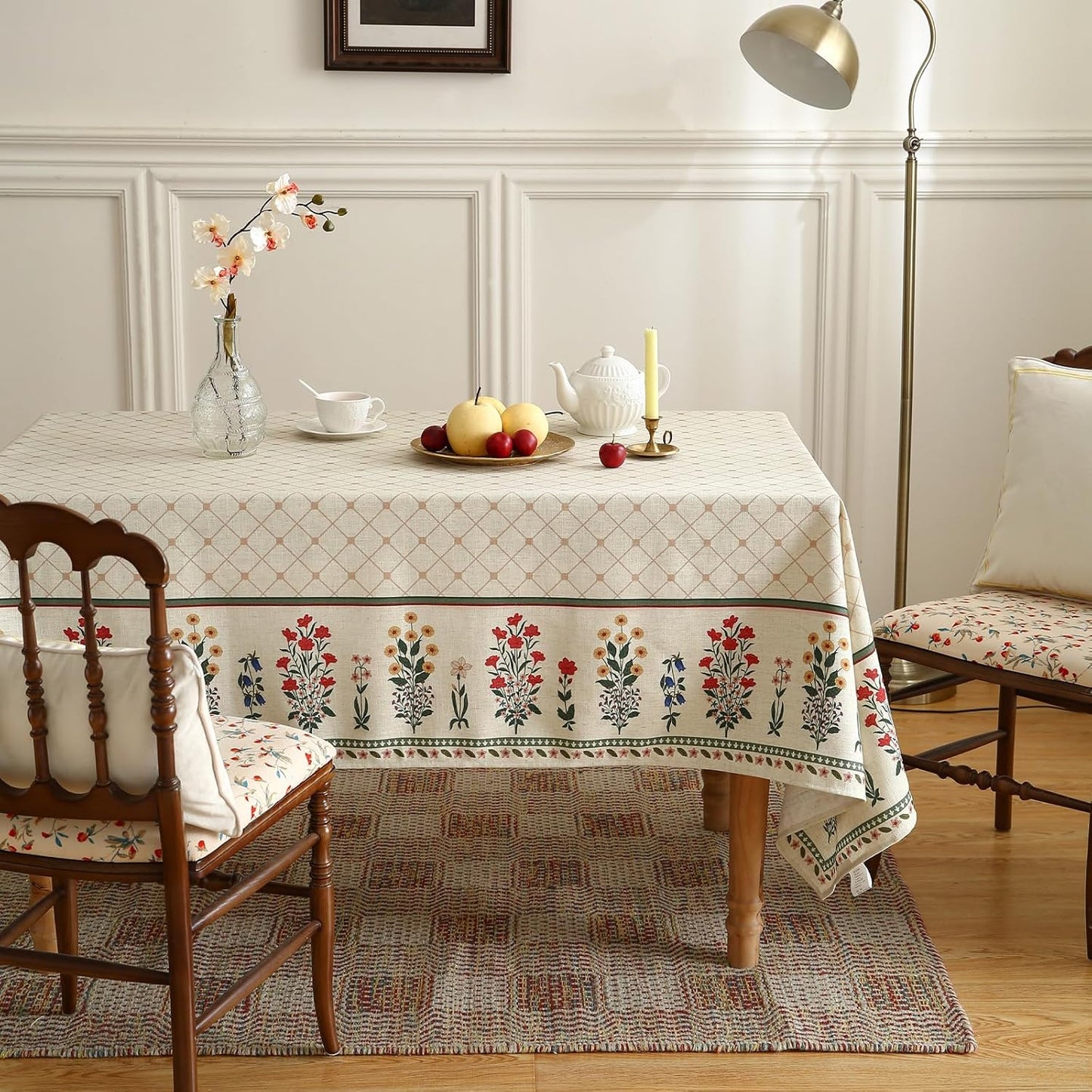 ISAENNE Designer Vintage Linen Floral Extra Long Tablecloth Rectangle,Fall Colorful Modern Table Cloth,Anti-Wrinkle Decor Tablecloths for Dining Thanksgiving Kitchen Christmas,67"*118"-Bertina E
