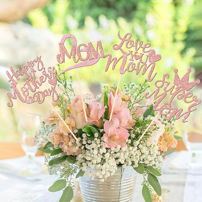 12 PCS Happy Mother's Day Centerpiece Sticks Double Sided Love Super Mom Best Mom Centerpieces for Happy Mother's Day Theme Table Flower Decorations Women Birthday Party Supplies Rose Gold
