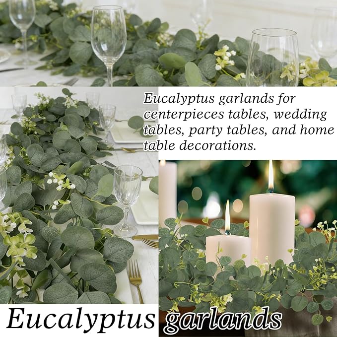Eucalyptus Garland Faux Silk Leaf Silver Dollar Artificial Greenery Fake Eucalyptus Leaves Garlands for Table Wedding Party Indoor Outdoor Arch Wall Mantle Room Home Decoration (1, 5.5 FT)
