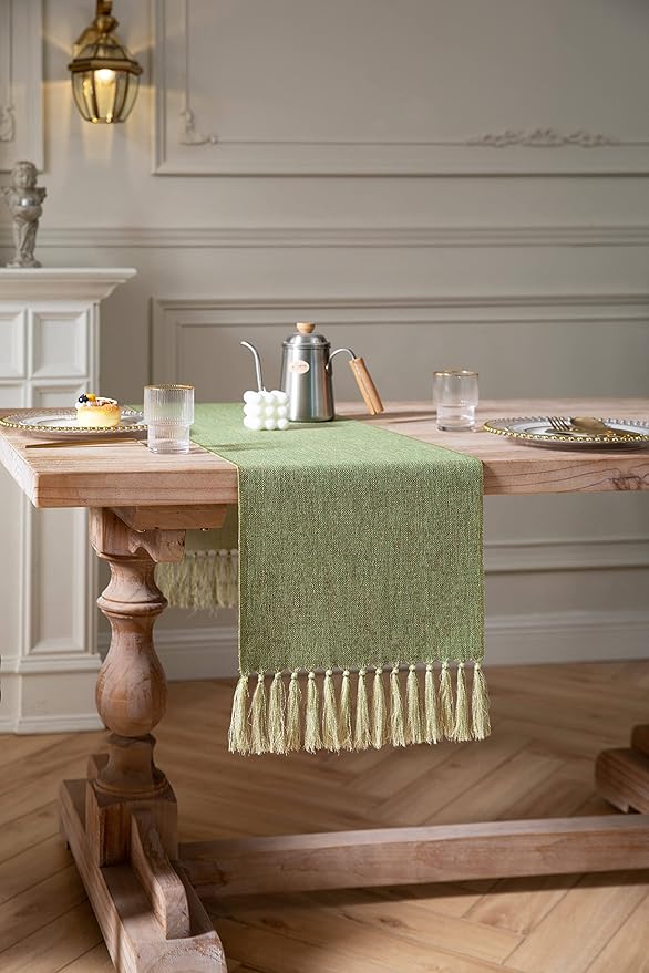 ZeeMart Green Table Runners 60 Inches Long, Burlap Linen Style Rustic Farmhouse Table Runner, Boho Woven Dining Table Runner, 13x60 Inches, Grass Green