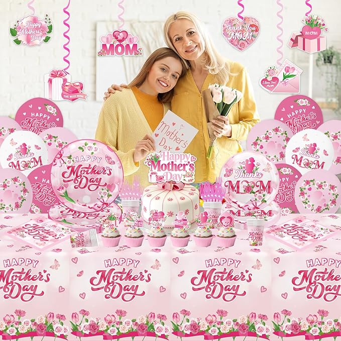 133Pcs Mothers Day Decorations, Happy Mothers Day Party Set with Plates, Napkins, Cups, Tablecloth, Banner, Balloons, Cake Topper, Cupcake Toppers for Mom Birthday Party, Serves 20 Guests