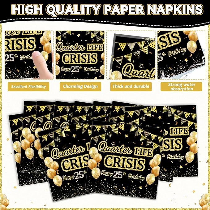 96PCS 25th Birthday Party Paper Plates and Napkins Set for Happy Quarter Life Crisis Cake Dessert Plates Disposable Supplies Black Gold 25 Year Old Theme Tableware Set for Men Women Party Decorations