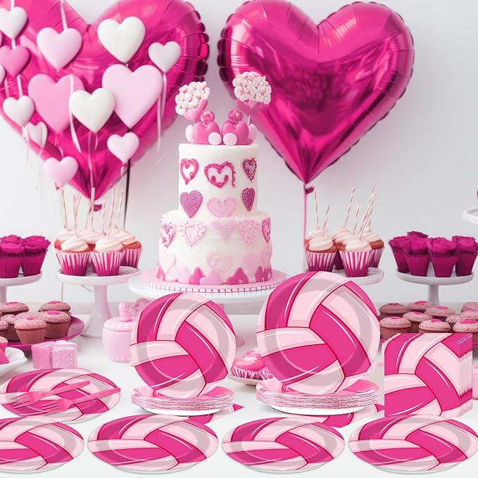 96Pcs Pink Volleyball Party Supplies - Sport Paper Plates, Napkins, Theme Decorations, Dinnerware Favor for Birthday, Baby Shower Tableware - Serves 24