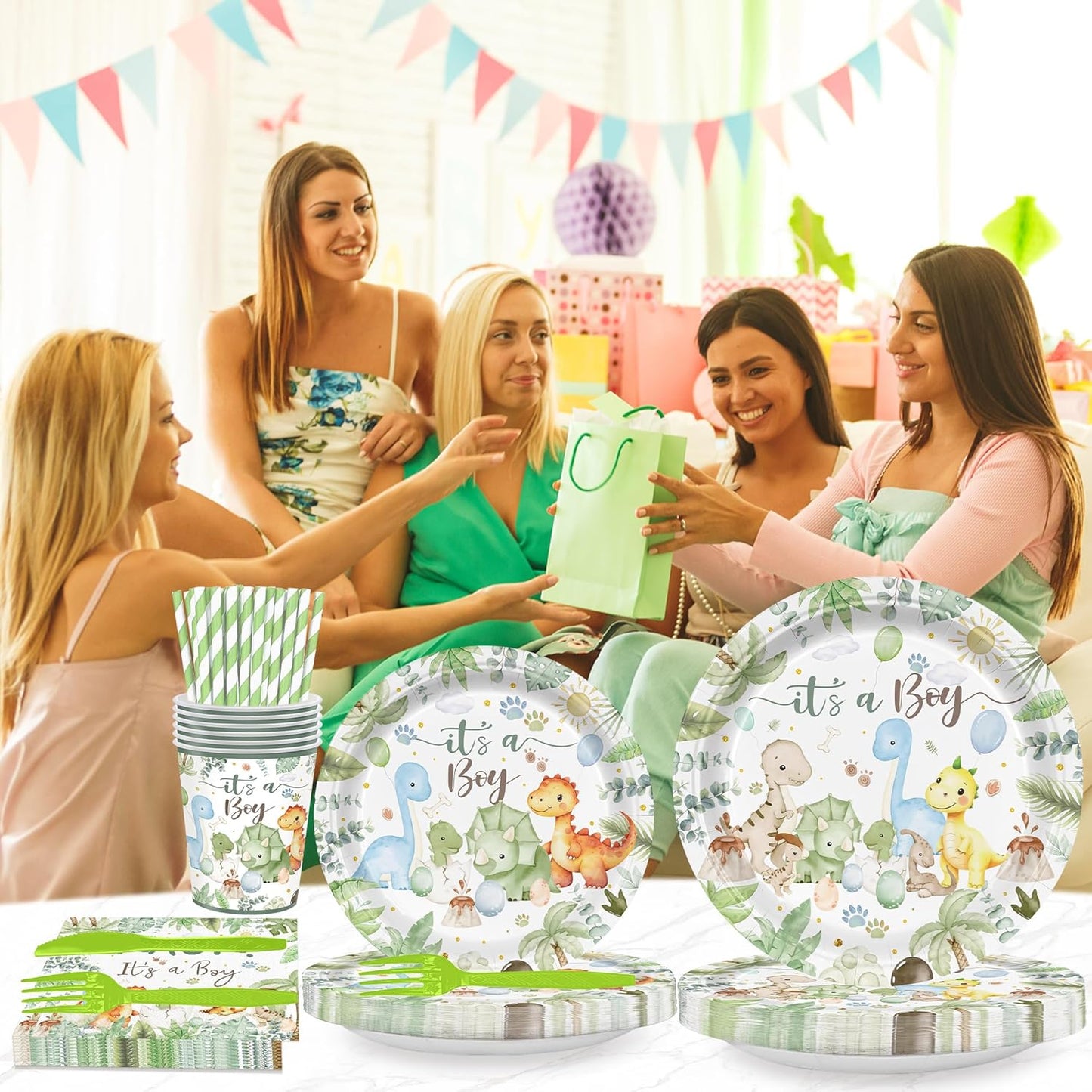 168PCS Watercolor Dinosaur Party Supllies for Kids Cartoon Dino Birthday Party Decorations Plates Cups Napkins Cups Forks Knives and Straws Tableware Set for 24 Guests