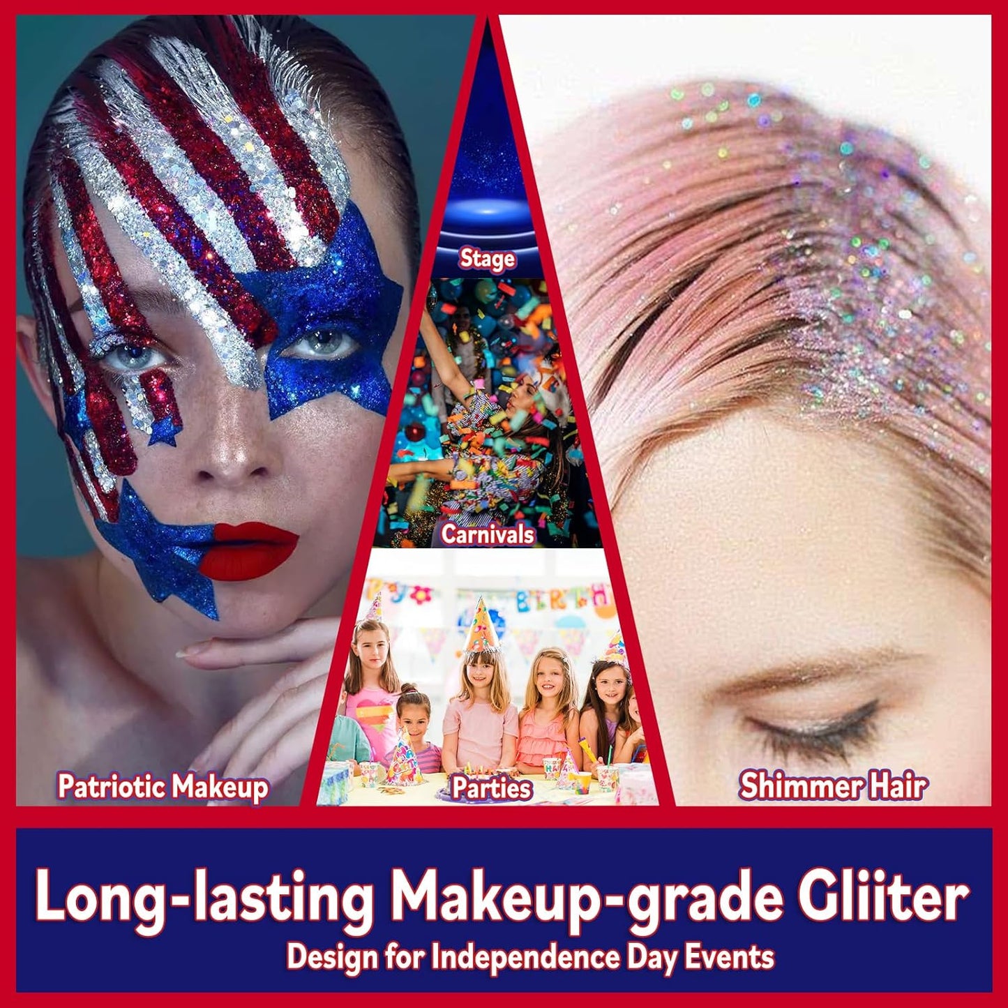 Allstarry Chunky Body Glitter 4 Colors Cosmetic Patriotic Face Glitter Independence Day Hair Sequins Sparkle Veterans Day Eye Flakes 4th of July Accessories for Olympics Party Women Face Paint Makeup