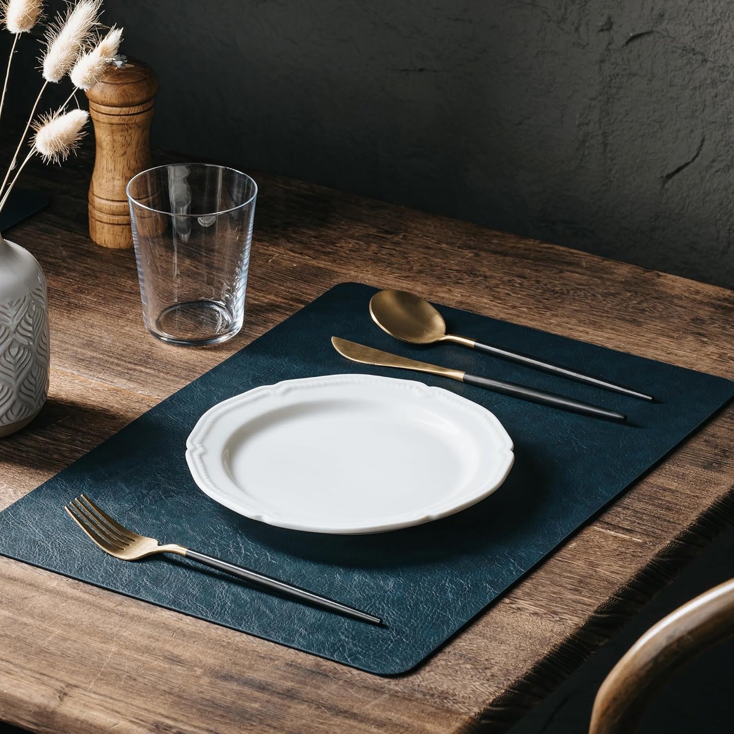 DOLOPL Placemats Set of 6 Reversible Dual-Color Table Placemats – Heat Resistant Wipeable & Washable Place Mats, Luxury Faux Leather Table Mats for Vintage Dining Table Decor (Camel & Navy Blue)