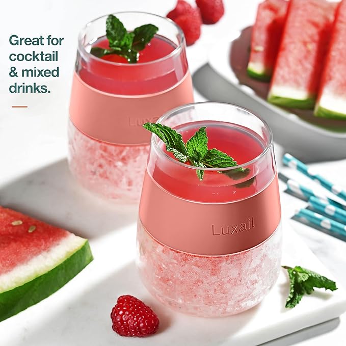 Wine Glasses, Plastic Wine Glasses Set of 2, Wine Gifts, Double Wall Insulated Freezer Tumbler, Stemless Freezer cups for Red and white Wine, 8.5 Oz, Coral