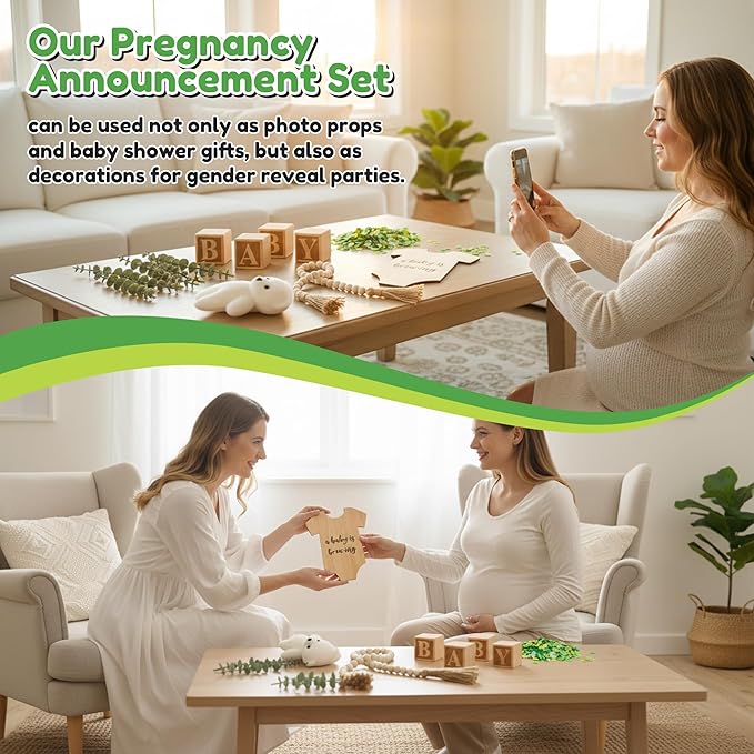 12Pcs Pregnancy Announcement Set Pregnancy Reveal Ideas Include Wooden Sign Beads Garland Wood Blocks Eucalyptus Leaves and Bear Coming Soon Baby Announcement Props for Grandparents Dad Husband Family
