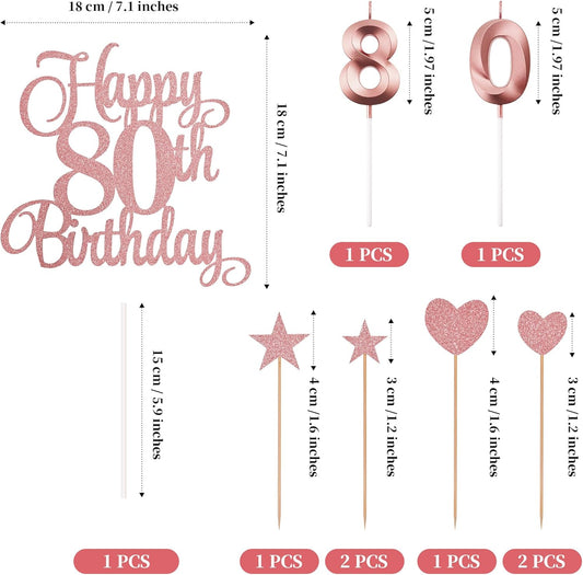80th Birthday Cake Decorations, 80th Birthday Candles Cake Numeral Candles and Glitter Happy 80th Birthday Cake Toppers Set for Birthday Party Supplies (Rose Gold)