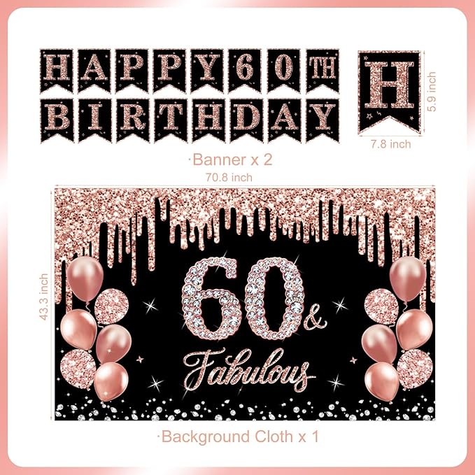 60th Birthday Decorations for Women, 38pcs 60th Birthday Crown and Sash, Black Rose Gold Happy 60th Birthday Banner Balloons Backdrop Hanging Swirls Porch Banner for 60 Years Old Birthday Decorations