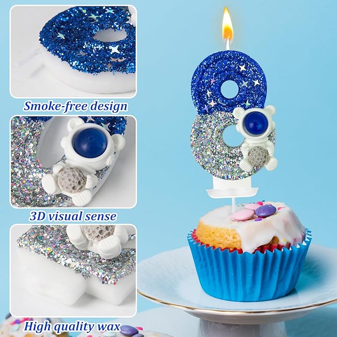 HXOUSE Astronaut 8th Birthday Candle - Space Universe Sparkler 8 Candle for Birthday Cake Boy, Topper for Party Decorations Anniversary Celebrations (Number 8)