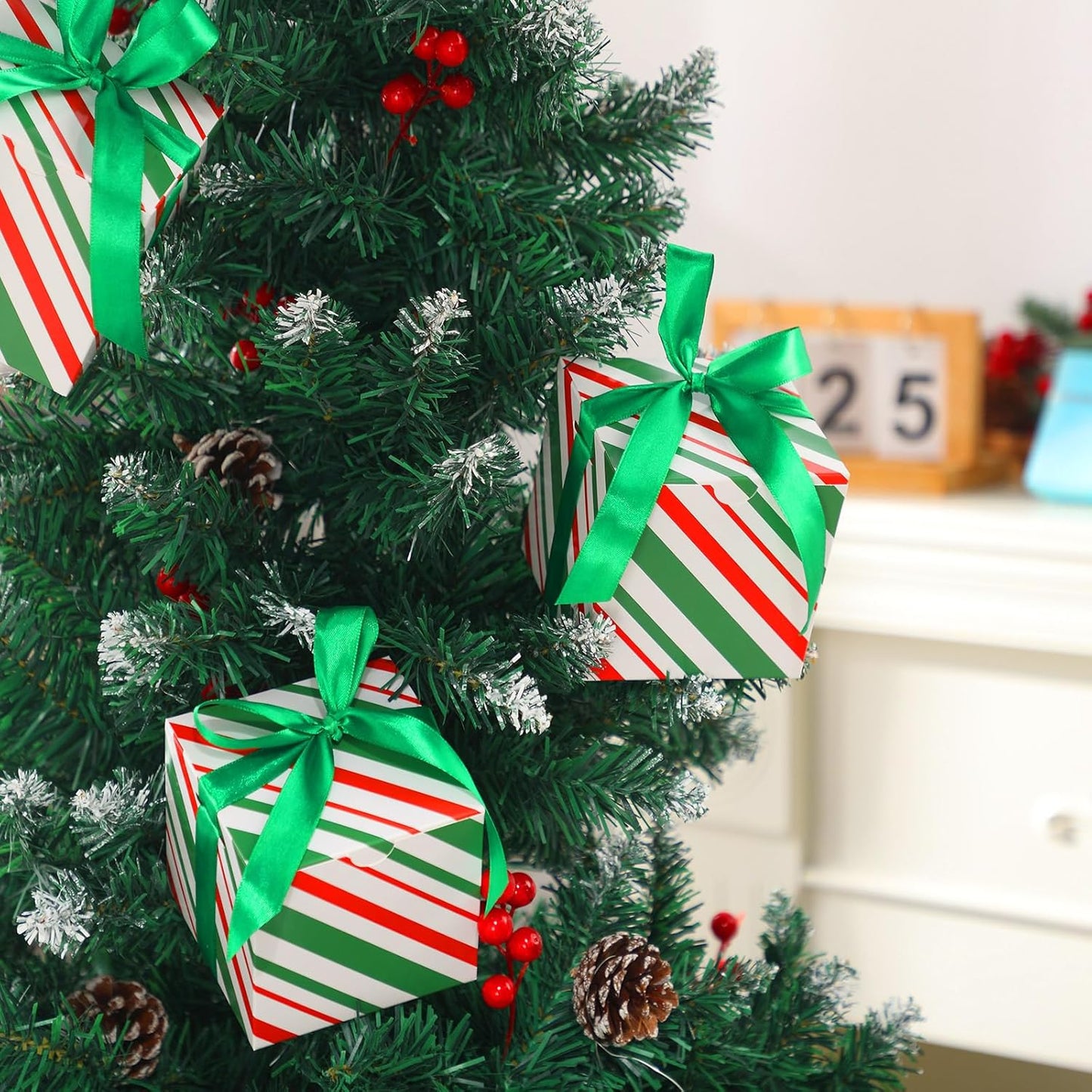 Dispowreath 48 Pcs 4x4x4 Christmas Gift Boxes with Ribbon Xmas Small Box with Lids Treat Boxes for Gift Wrapping Ornaments Wedding Holiday Birthday Party Favor(Red Green Stripe)