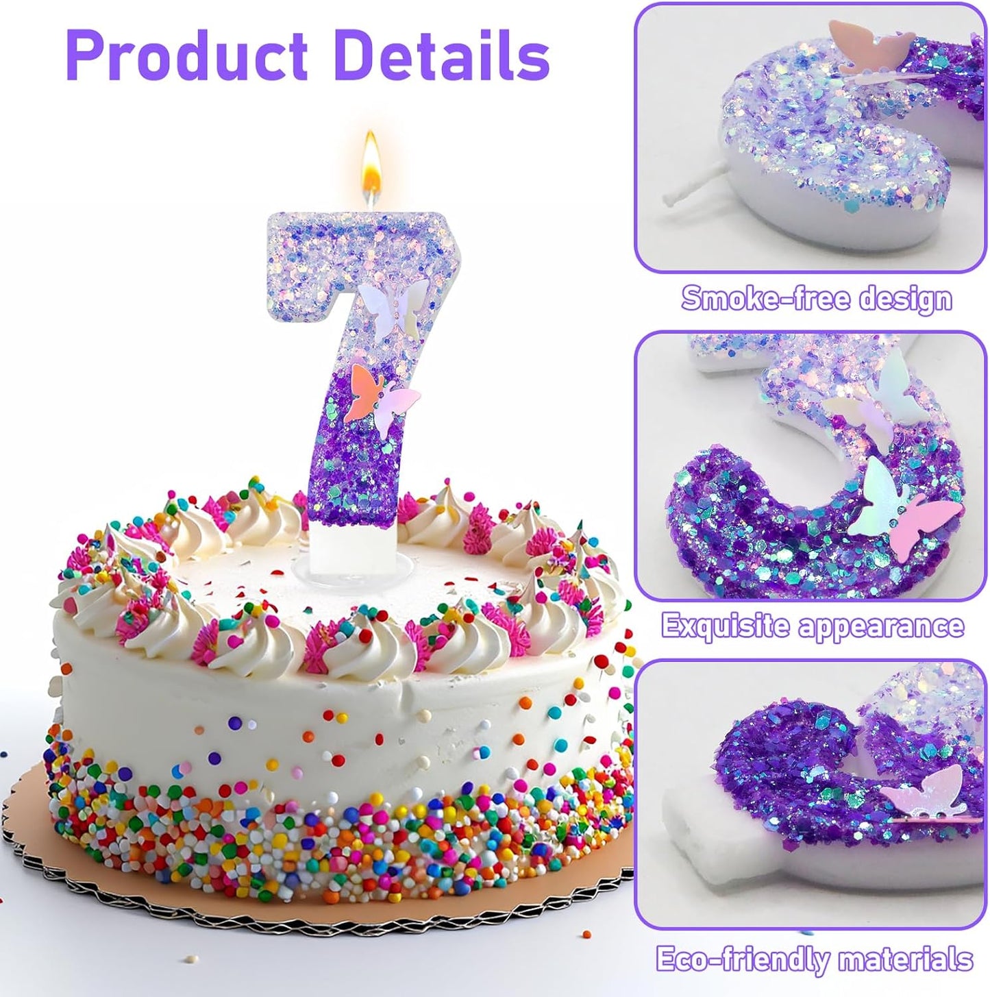 7Th Birthday Candle for Cake，Butterfly Cake Toppers，Butterfly Birthday Decorations，Purple Birthday Candles，for Birthdays,Theme Parties, Celebration, Anniversary
