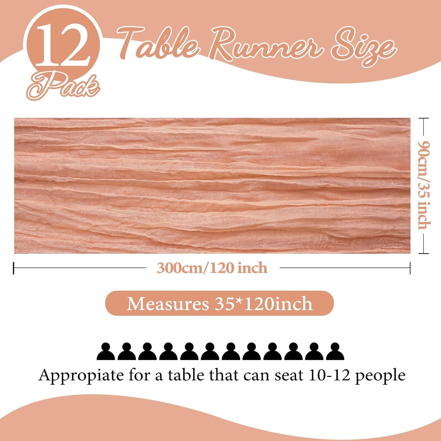 12 Pack 10FT Peach Cheesecloth Table Runner 35x120 Inch Gauze Rustic Boho Table Runner Cheese Cloth for Wedding Decor Birthday Party Bridal Baby Shower Table Centerpiece Decoration