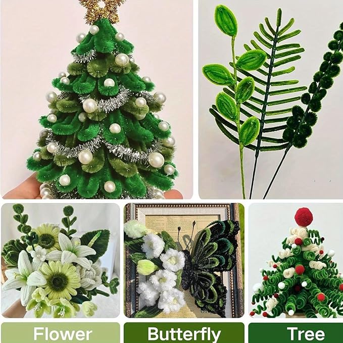 620 Pieces Green Pipe Cleaners Craft Set, 600 Pcs Chenille Stems with 20 Pcs Flower Stems, Craft Supplies Bulk for DIY Art and Craft Projects Creative Gift Wrapping Party Decorations(Green Series)