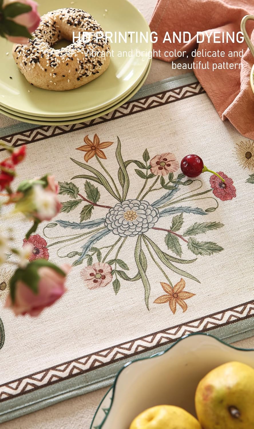 ISAENNE Designer French Country Linen Table Runner 118 Inches Extra Long,Elegant Colorful Floral Pattern Table Runners for Dining Tables,Thanksgiving,Christmas,Kitchen Decor,12"*118"-Serenity F