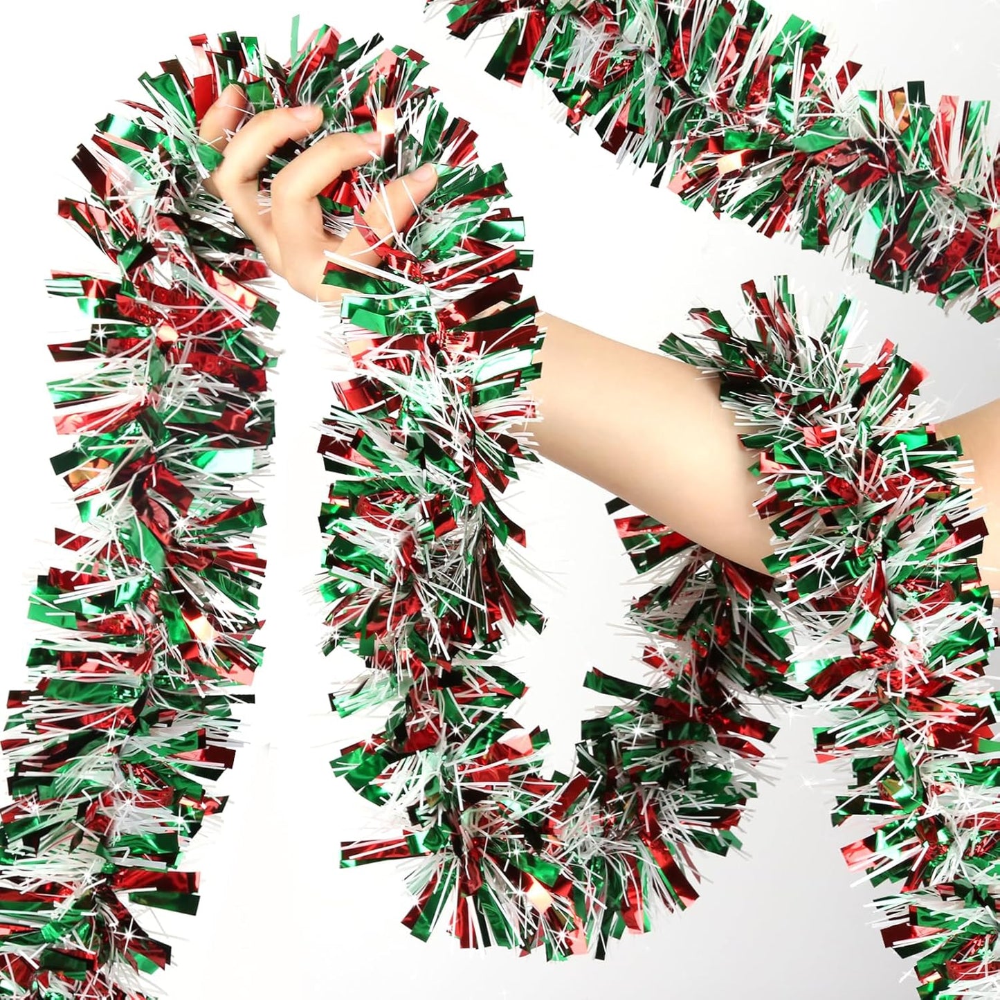 50ft Metallic Tinsel Garland - Christmas Tree Decorations (Red, Green, White)