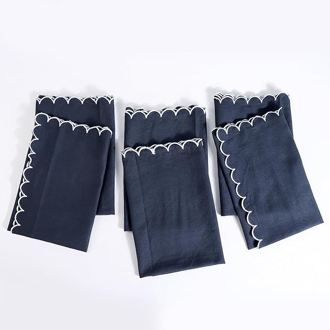 FINGERCRAFT Cloth Napkins, Everyday Use Reversible Scallop Design, Premium Quality Cotton Linen Blend Napkin Set of 6 Perfect for Parties Dinners Weddings Easter Napkin Cloth 20x20 inch Navy