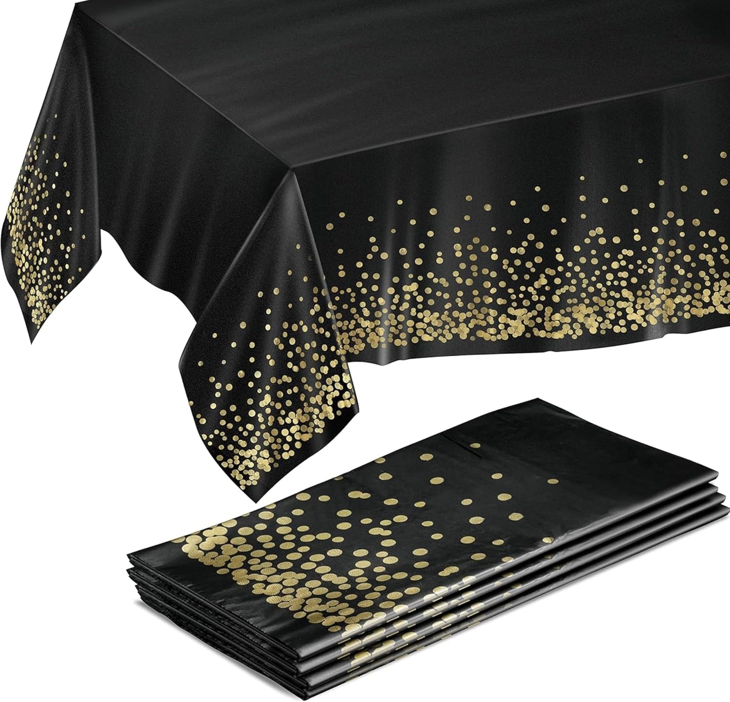Prestee Gold and Black Table Cloth for Events - Pack of 4, 54 x 108 Inches - Disposable Table Cover, Ideal Black Tablecloths for Party Decorations, Dining, and Holiday Celebrations