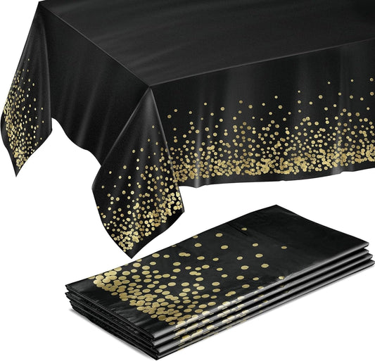 Prestee Gold and Black Table Cloth for Events - Pack of 4, 54 x 108 Inches - Disposable Table Cover, Ideal Black Tablecloths for Party Decorations, Dining, and Holiday Celebrations