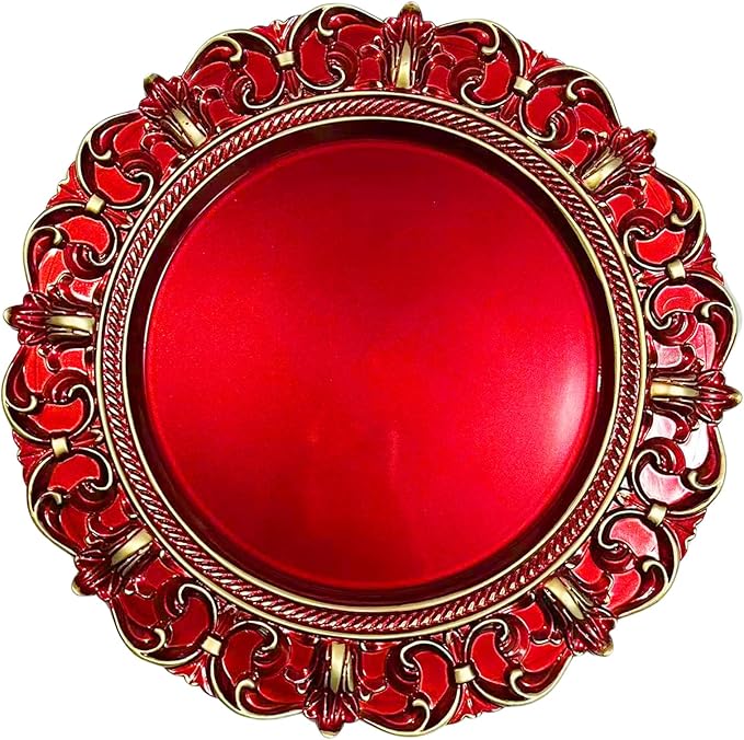 6 Pack Red Charger Plates 13" Round Charger Plates for Dinning Plates with Embossed Rim Plastic Charger for Dinner, Wedding, Elegant Tableware Decor