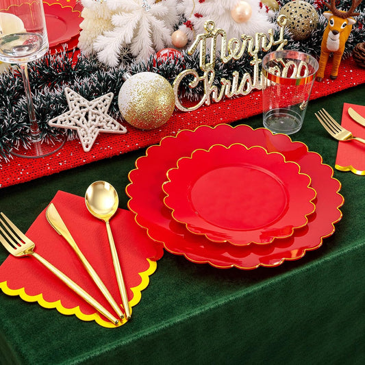 LIYH 210 Pcs Red Plastic Plates - Christmas Disposable Plates and Napkins Set, Gold Scalloped Plastic Plate Include Dinner & Dessert Plate, Silverware, Cups for Xmas Day 30 Guests