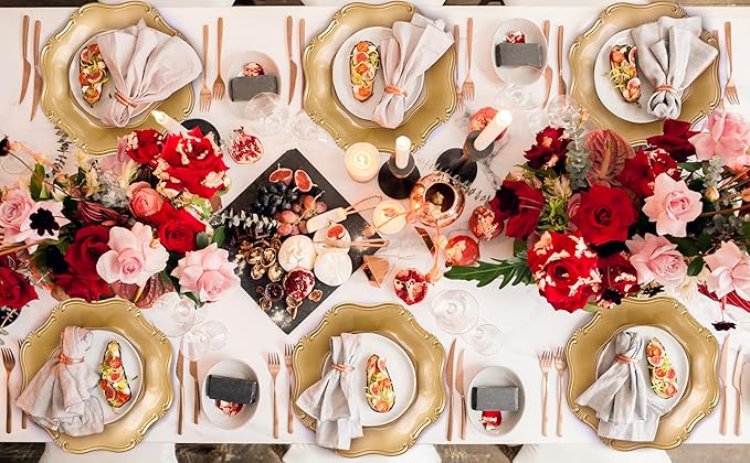 ZOOFOX Set of 12 Antique Gold Charger Plates, 13" Round Embossed Chargers for Dinner Plates, Decorative Plate Chargers with Engraved Baroque Rim for Thanksgiving, Christmas, Wedding Party Supplies