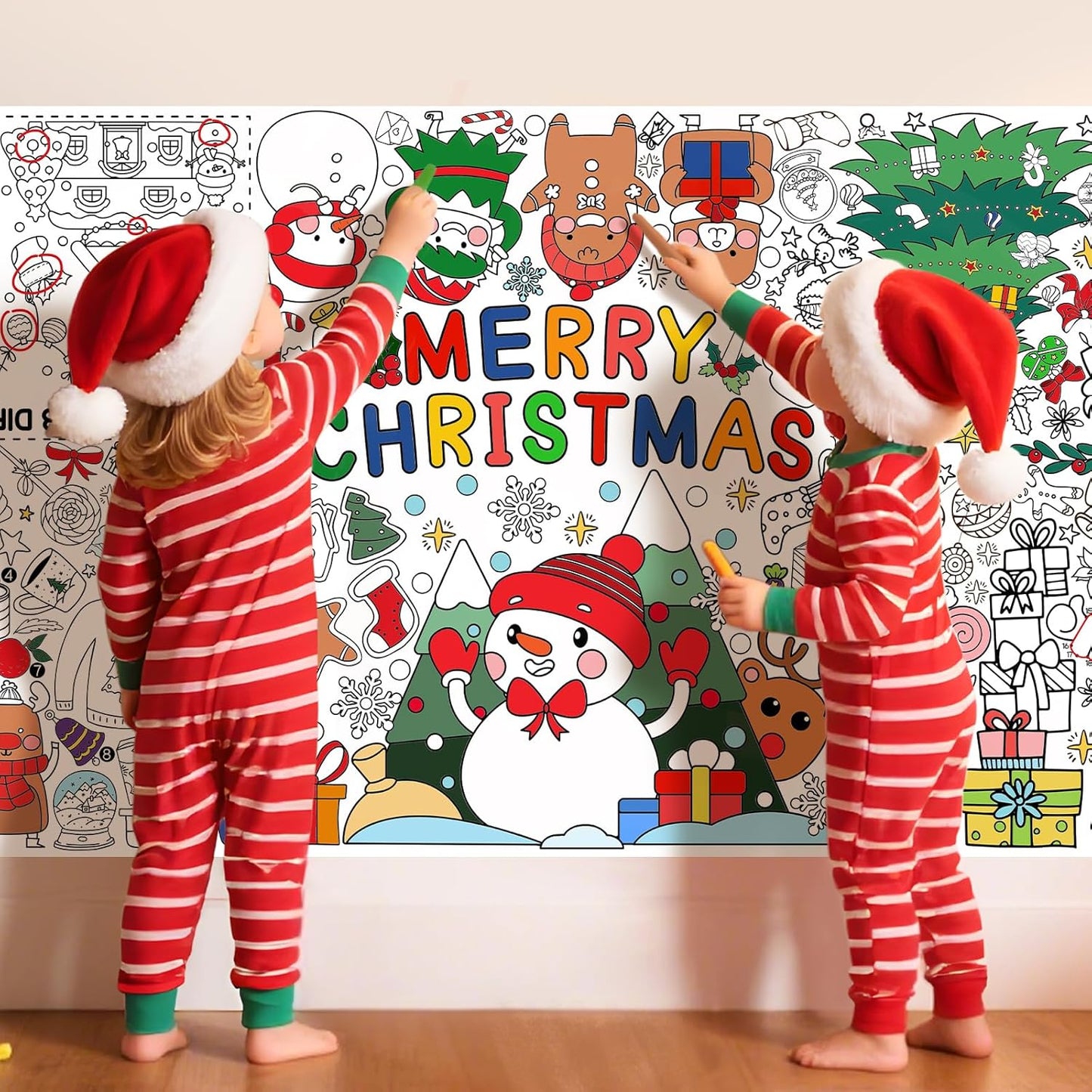 Gatherfun Merry Christmas Decorations - Versatile 31.5 x 72 Inches Activity Poster, Christmas Party Coloring Banner/Santa & Snowman Table Cover for School Parties and Special Events