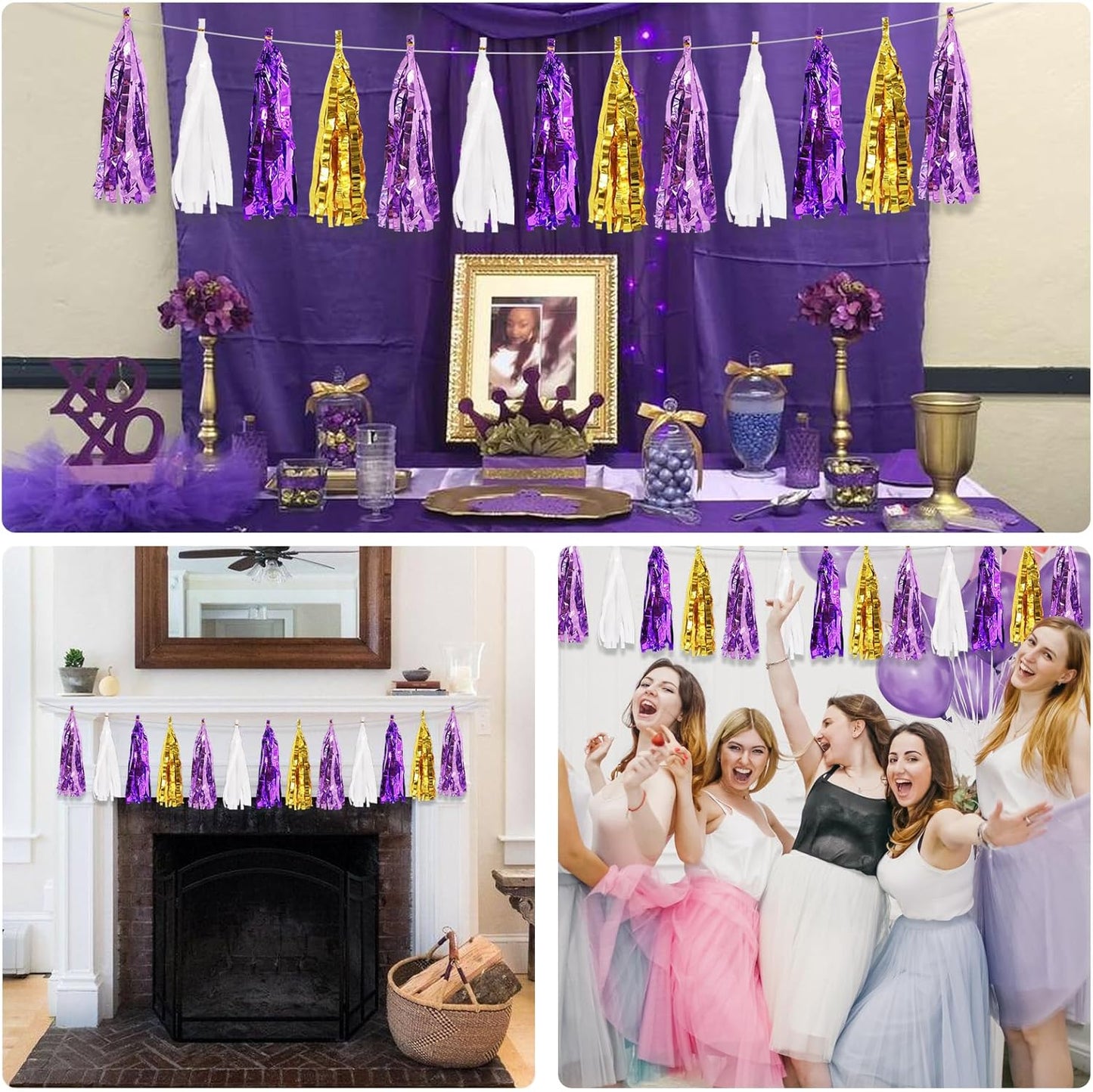 BEISHIDA 3 Packs Purple Gold White Metallic Foil Fringe Tassel Garland, Tassels Banner Streamers for Car Floats Bridal/Baby Shower Birthday Wedding Halloween Christmas Holiday Party Decoration