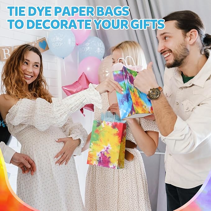 Gaillty 24 Pcs Tie Dye Party Favor Bags Camouflage Goodie Gift Bags with Handles Colorful Rainbow Paper Treat Candy Totes for Retro Theme Birthday Party Supplies Decorations