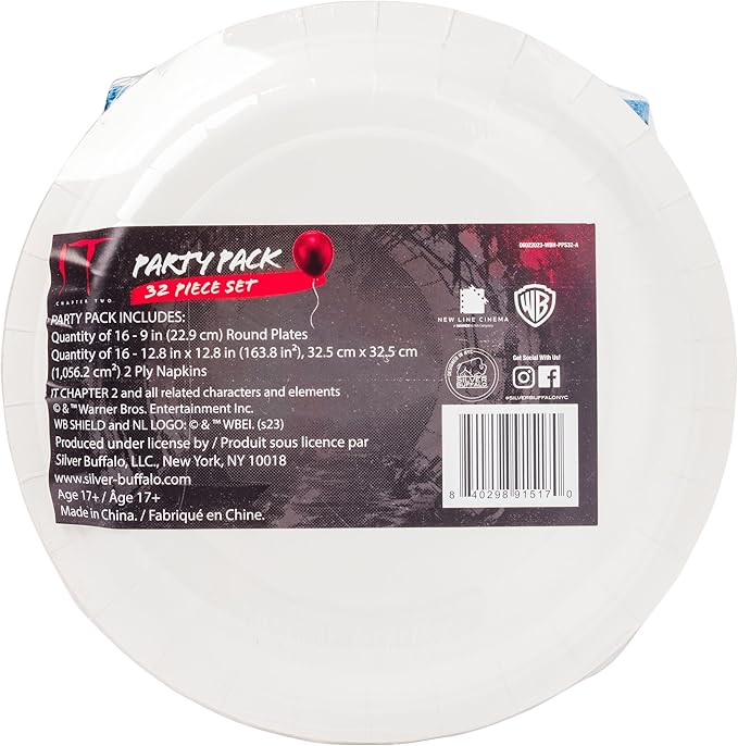 Silver Buffalo IT Chapter 2 Pennywise the Clown 32 Pack Partyware Disposable Paper Plates and Napkins