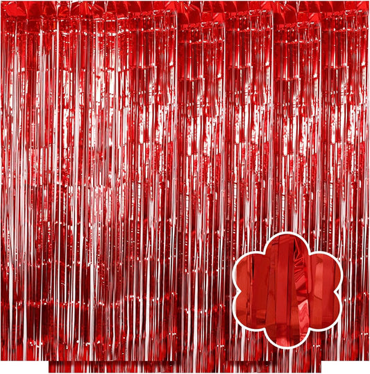 5 Pack Red Foil Curtain Backdrop 3.2ft x 9.8ft Metallic Tinsel Foil Fringe Curtains Streamer Photo Booth Backdrop for Birthday Party Engagement Bachelorette Party Decorations (Red)