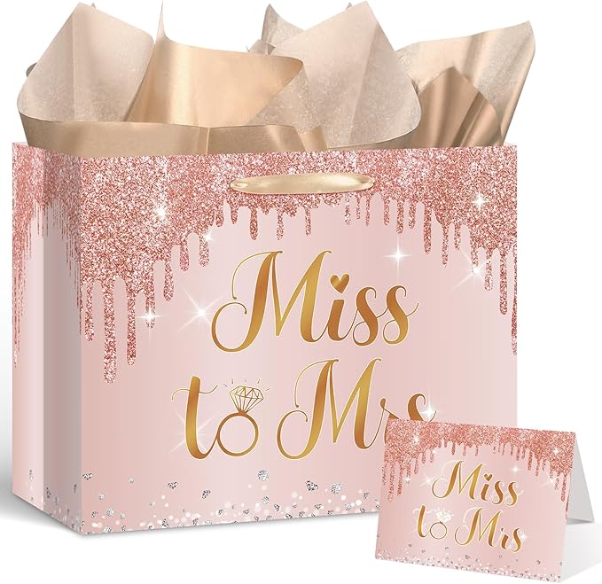 Bridal Shower Gift Bag Wedding Miss to Mrs Gifts Bag with Tissue and Card Bridal Shower Gift Wrapping Paper Bag Rose Gold Wedding Gift Bags Bride Engagement Bachelorette Party Bag Bride to Be Gifts