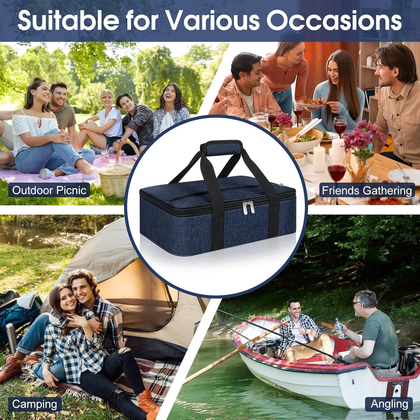 Insulated Casserole Carrier, Portable Casserole Carrier for Hot or Cold Food Lunch Tote Warmer or Cooler Bag, Lasagna Lunch Bag for Potluck Parties- Fits 9" x 13" Baking Dish-Navy blue